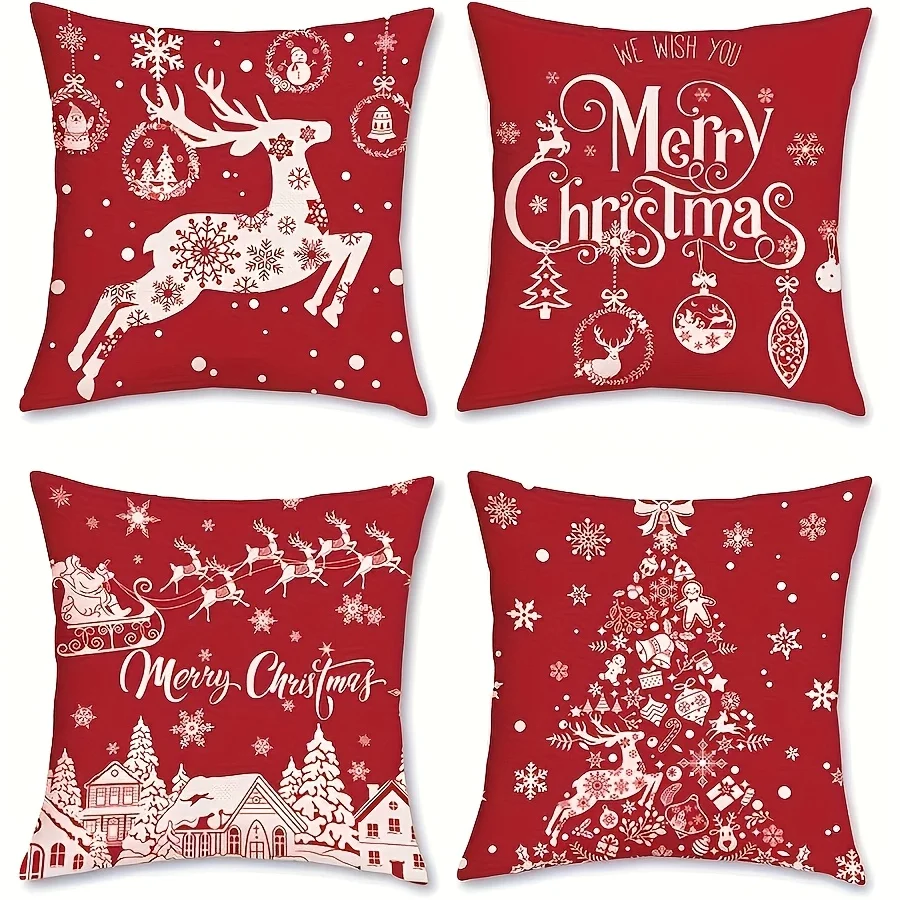 2D Flat Double-Sided Print, 4pcs Christmas Pillowcases, Christmas Red Pillow Covers Reindeer Christmas Tree Snowflake Decorative