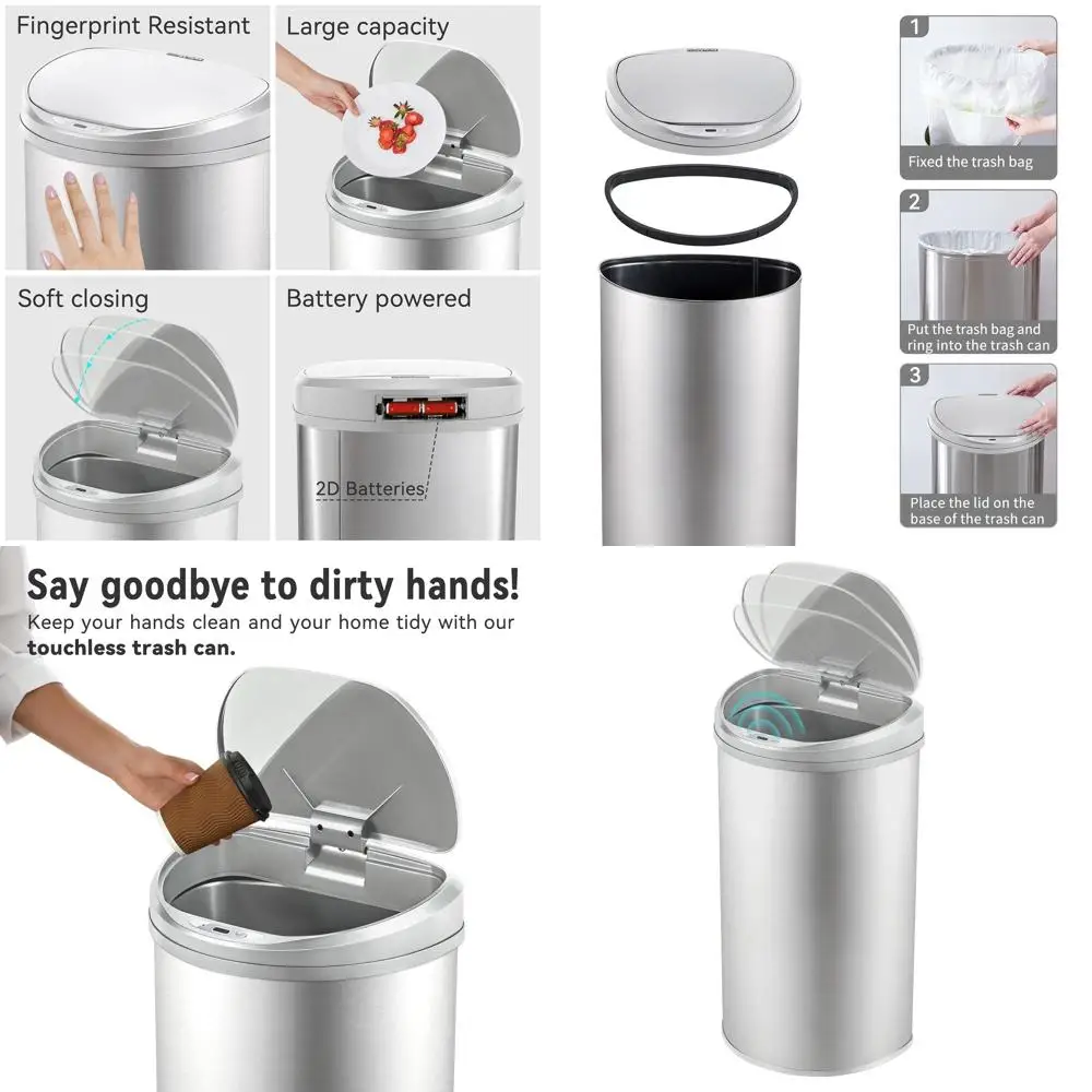 

Бесконтактный мусорный бак из нержавеющей стали емкостью 13 галлонов, активация движением, большая емкость 50 л для кухни, дома, офиса и многого другого