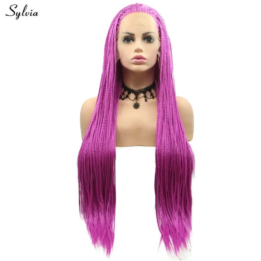 Sylvia Rose Red Synthetic Lace Frontal Wigs for Women Braided Soft Fiber Box Braids Hair Natural Hairline Halloween Cosplay Wig