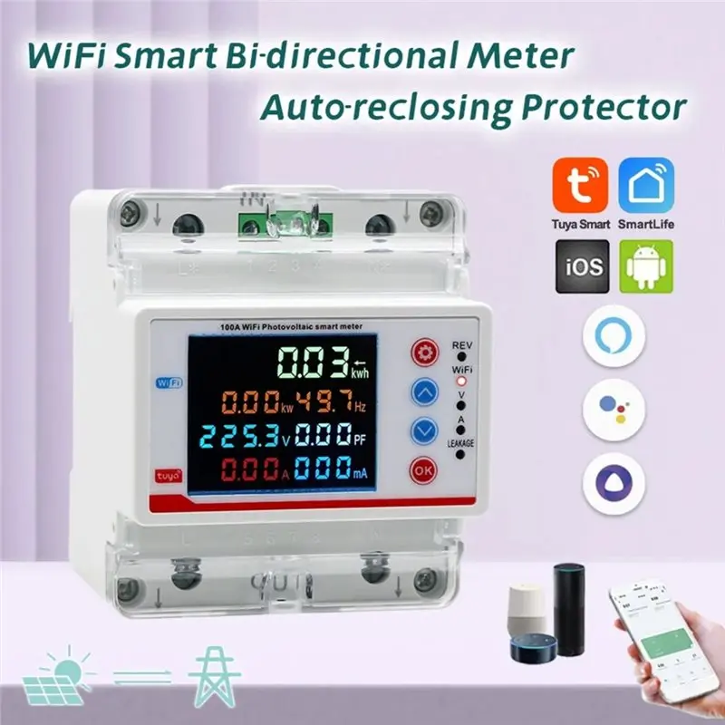 Leakage Protection Tuya Wifi Smart 100A 2P Bi-Directional Energy Power Kwh Meter Under Over Voltage Protector Relay Switch-Y41A