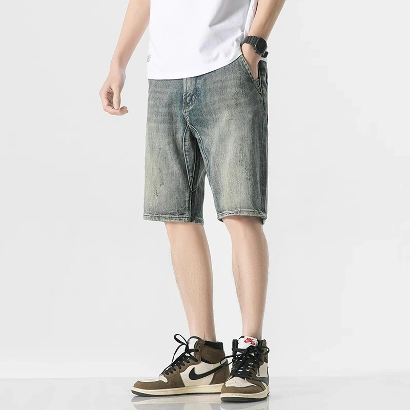 

Летние американские винтажные джинсовые шорты для мужчин, свободные прямые джинсы в стиле High Street, популярные легкие повседневные брюки для молодежи