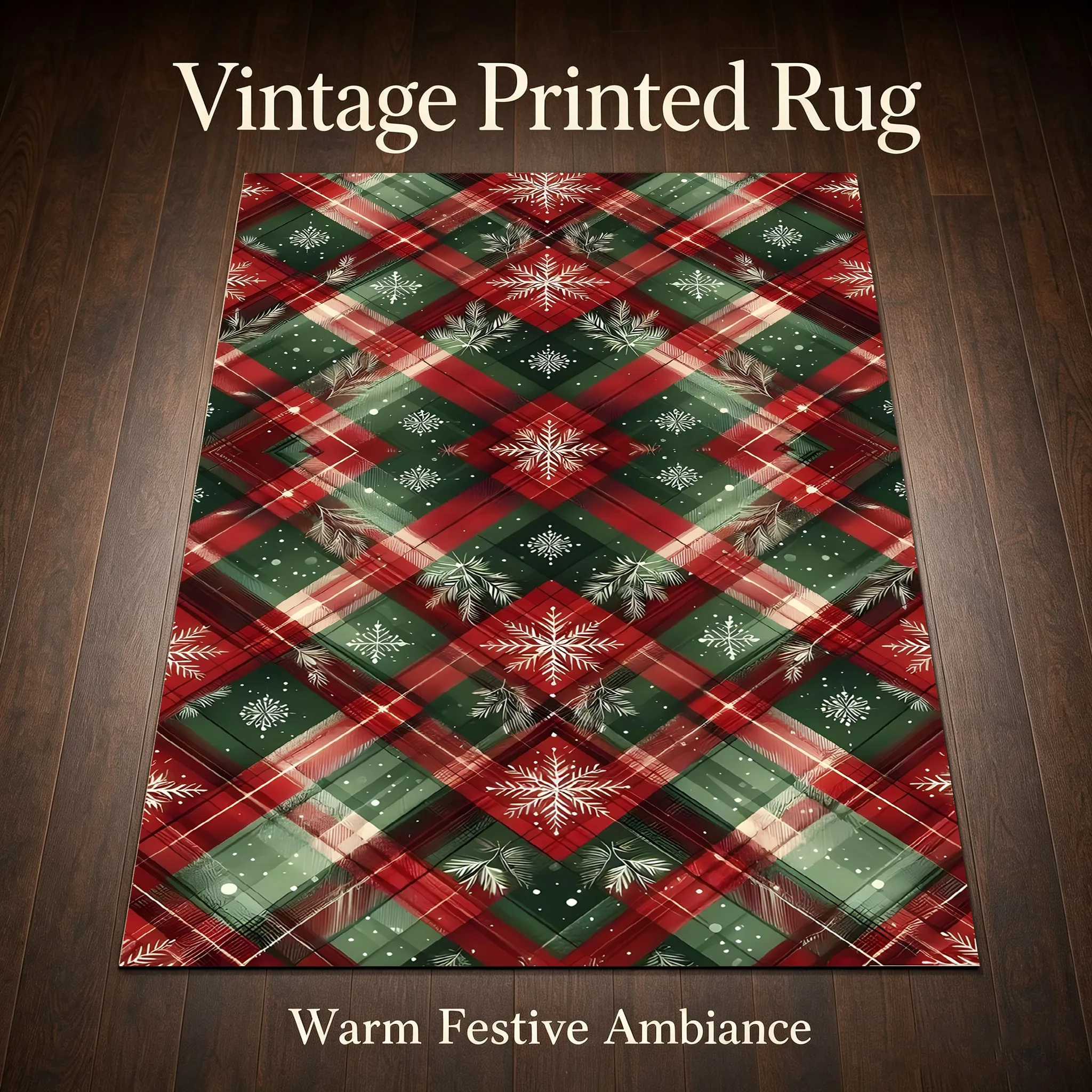 Red and Green Diamond Snowflake Pattern Retro-Style Christmas Rug Suitable for Living Room, Bedroom, and Entryway, Creating a Warm and Cozy Autumn/Winter Atmosphere