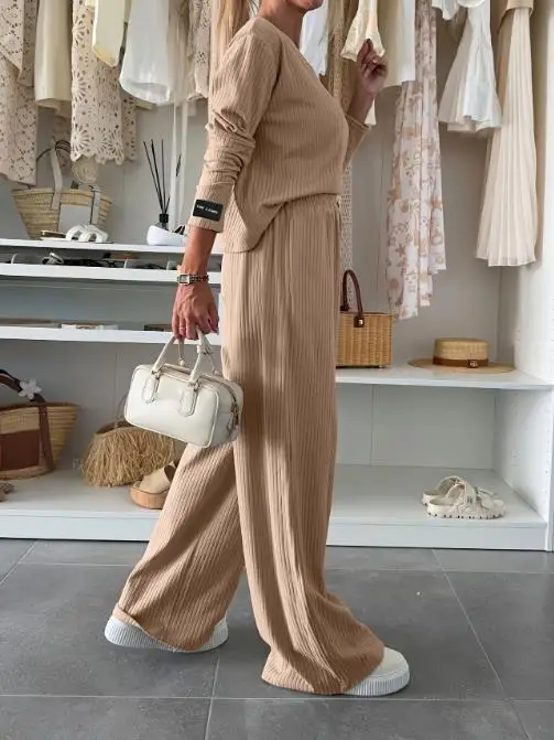 

Two Piece Set Women Outfit 2025 Spring Autumn New Round Neck Long Sleeve Top & Casual High Waist Drop Feel Straight Pants Set