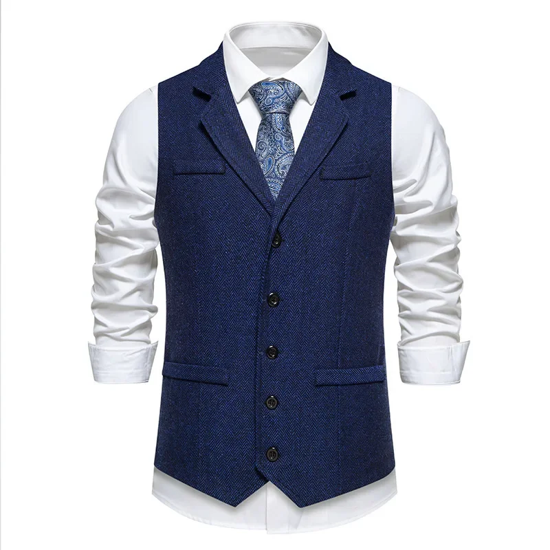 Men\'s Autumn and Winter New Fashion Herringbone Tweed Suit Vest Coat，Casual Vintage Lapel Single Breasted Solid Color Suit Vest