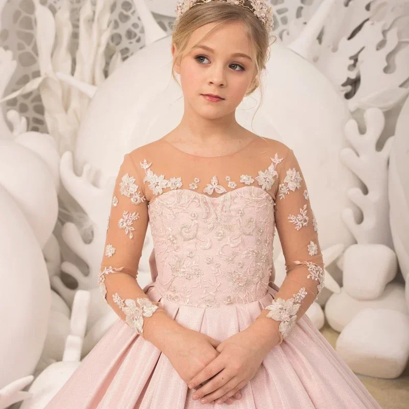 Blumenmädchenkleider Rosa Satin Weißes Flory-Muster mit Schleife Langarm für Hochzeit Geburtstag Party Bankettkleider Maßgeschneidert