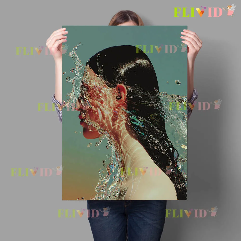 Surreal Water Splash Over Face Art Print,Color Gradient Background Contemporary Art Poster,Cool Aesthetic Fashion Woman Wall Art