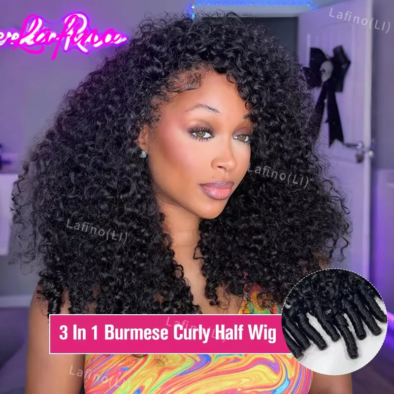 

Burmese Curly Human Hair Half Wig 3 In1 Glueless Natural Black Spiral Ends With Drawstring Half Wigs 30 Inch Wear And Go