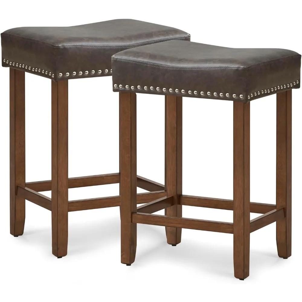 

Bar Stools Set of 2, 24-Inch Counter Height Saddle Stools with PU Leather Upholstery & Solid Rubber Wood Legs, Backless