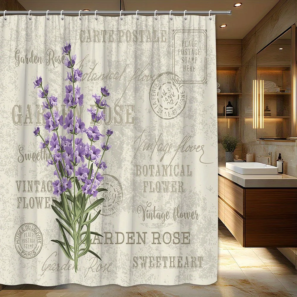 

Vintage Lavender Bouquet Shower Curtain - Nostalgic Text & Stamps, Soft Purple Flowers on White,Machine Washable,Bath Decor