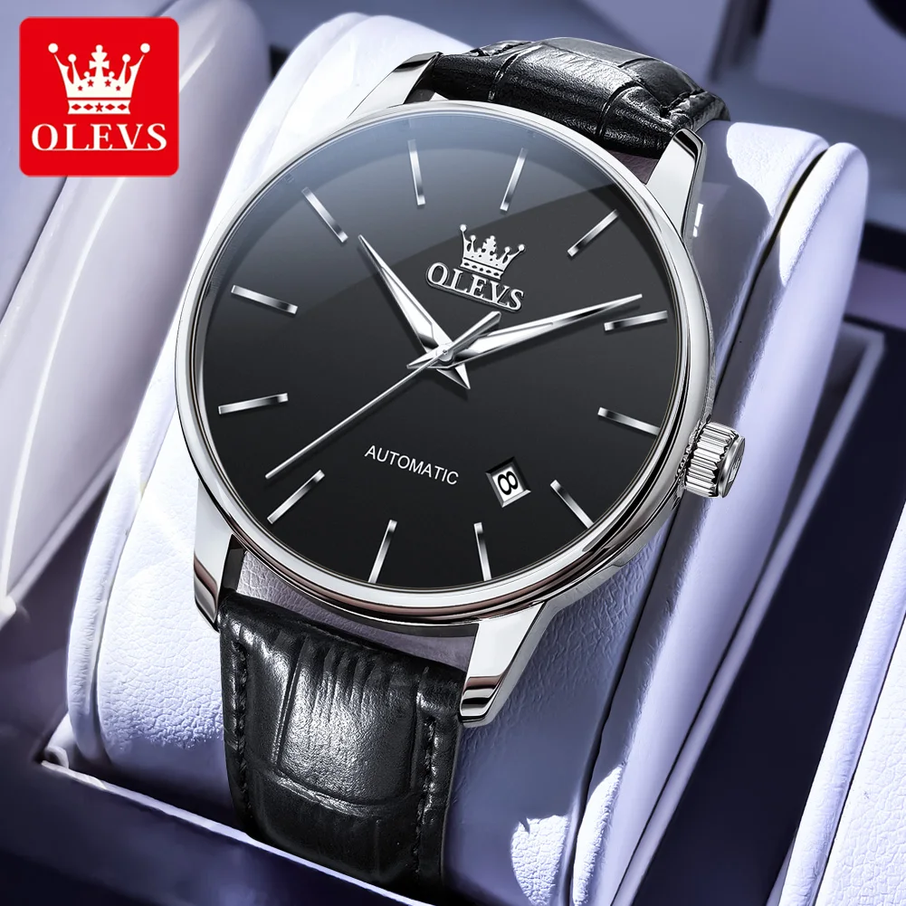 

OLEVS мужские часы с кожаным ремешком, водостойкий календарь, светящиеся наручные часы, простые деловые мужские часы, автоматические механические часы 6725