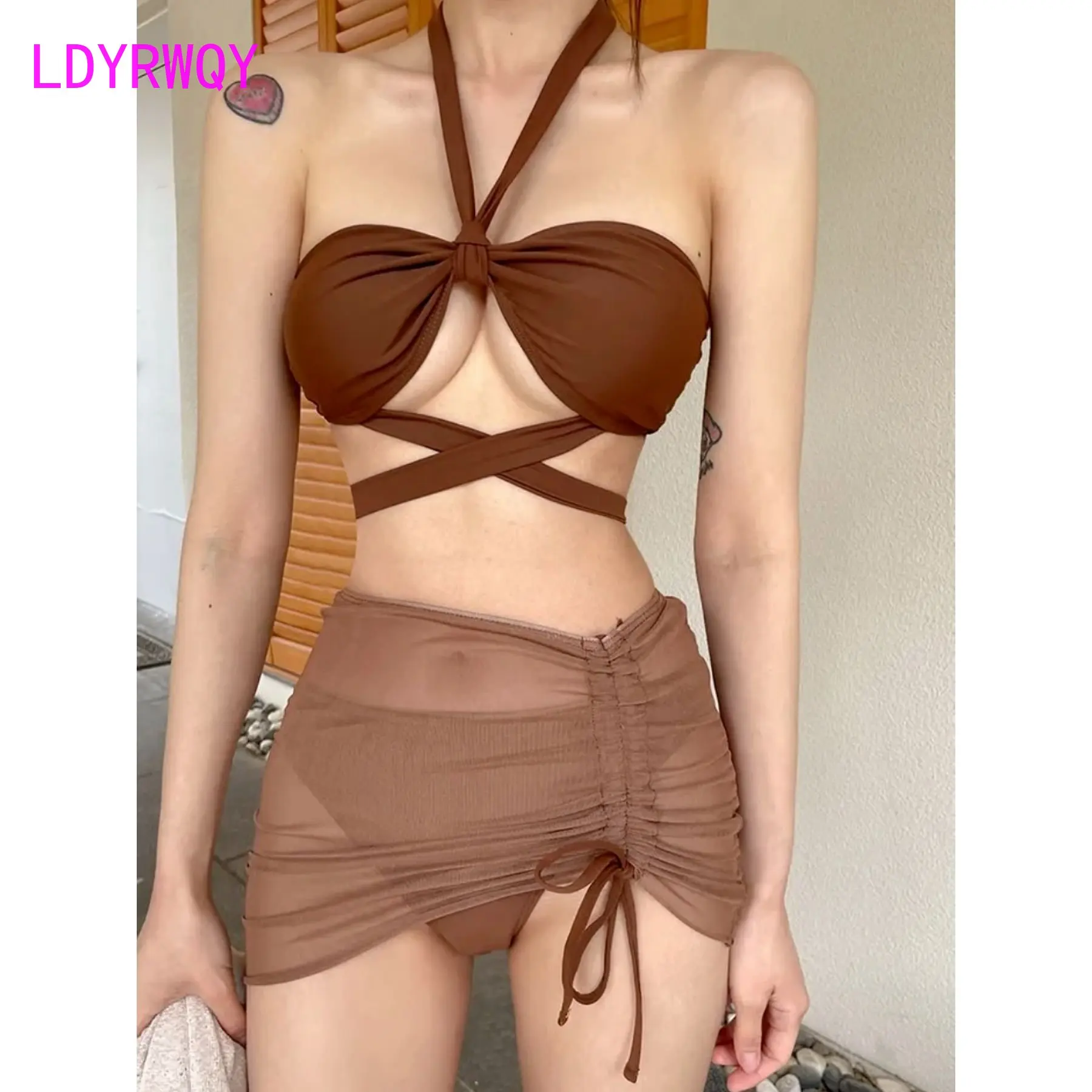 

European and American Sexy Strap Solid Color Sexy Mesh Bikini Holiday Girl Split Swimwear Girl