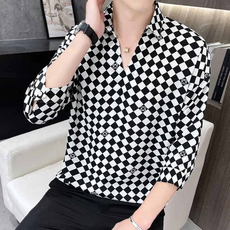 Fashion Lapel All-match Printed Plaid Shirts Men's Clothing 2024 Summer New Loose Korean Pullovers Tops Casual Shirts