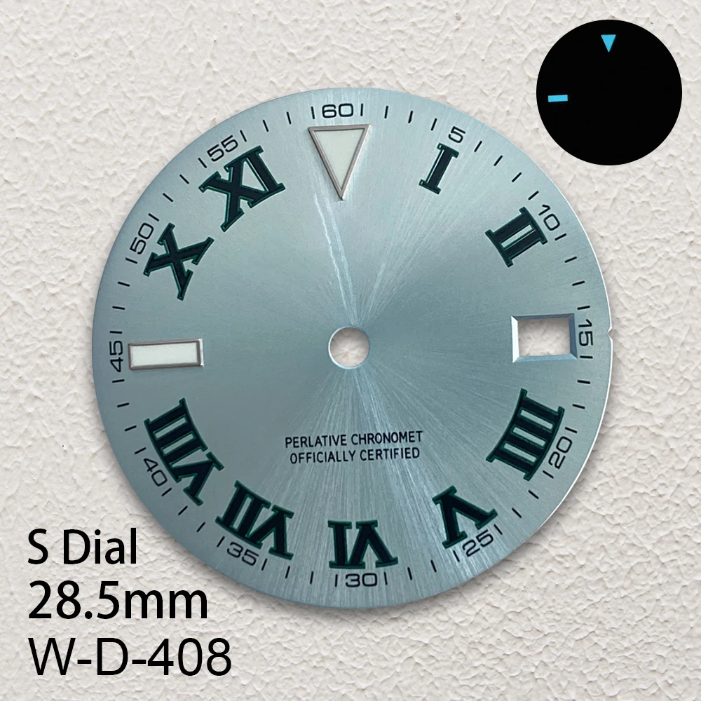 28.5mm S Logo Dial Fit NH35/NH36/4R/7S Movement Ice Blue Luminous Epipremnum Sunburst Dial Watch Modification Accessories