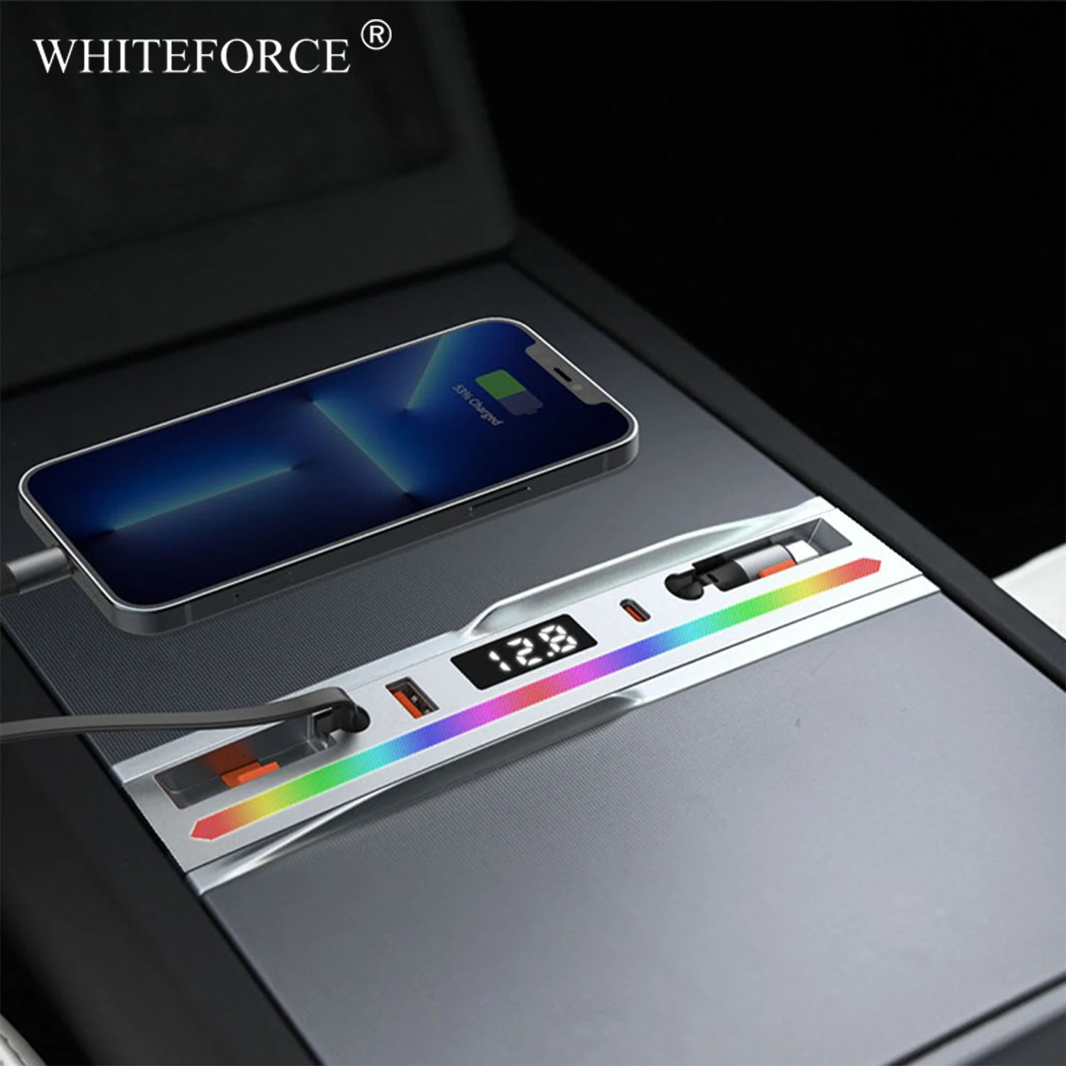 

For Tesla Model 3 Highland Retractable Cable HUB Model Y Juniper 60W Fast Charger USB Docking Station LED Display Ambient Light