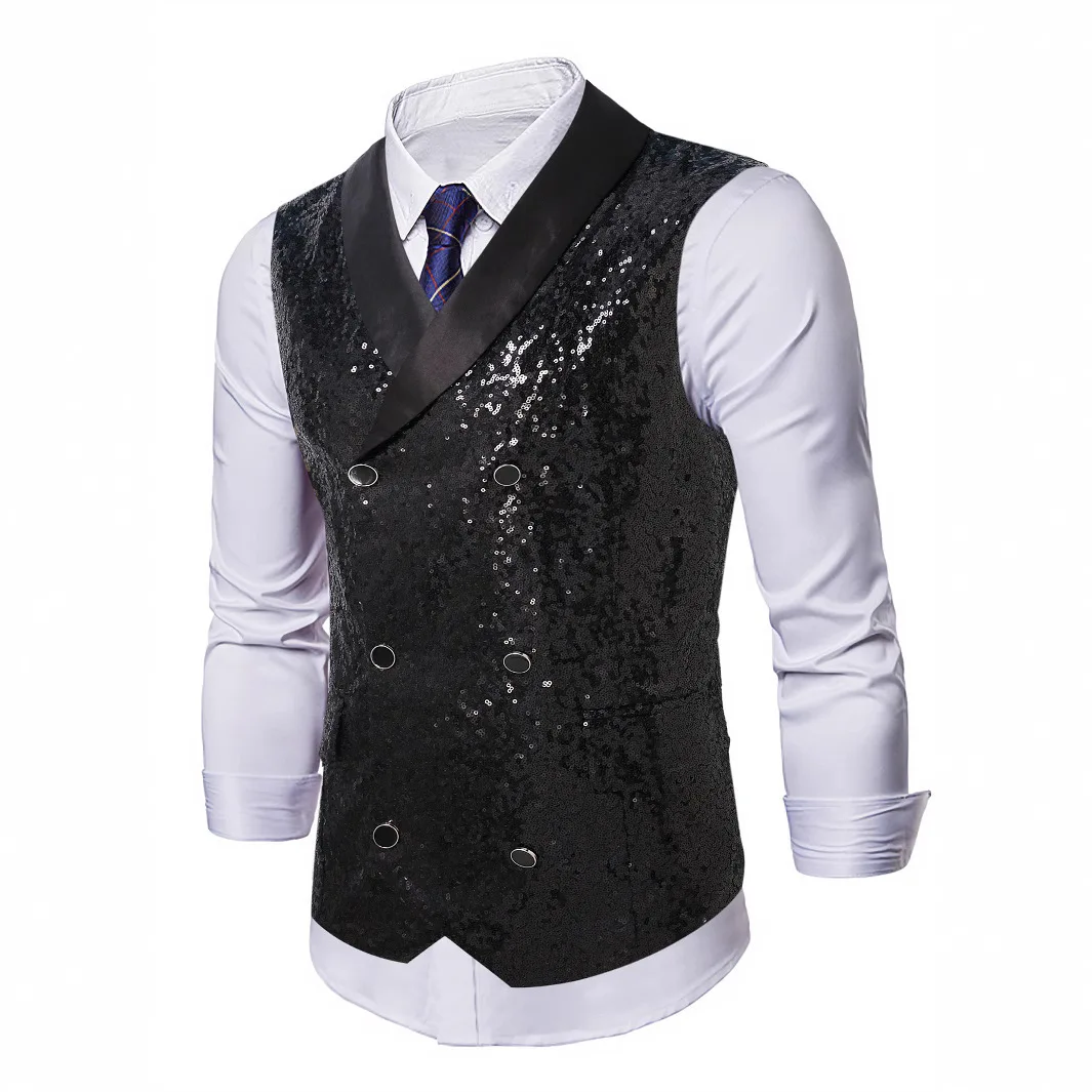 

New Men Black Sequin Double Breasted Satin Shawl Lapel Stage Performance Vest Waistcoat Nightclub Host Photo Studio Formal Wear