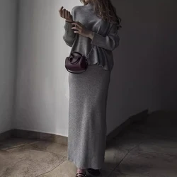 Female Turtleneck Sweater + Half Skirt Suit Vintage Solid Long Sleeve Slim Outfit 2024 Autumn Winter Loose Knitted Two Piece Set