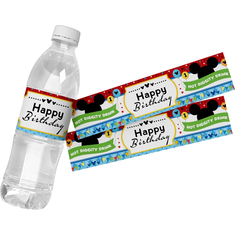 6pcs Disney Mickey Mouse Water Bottle Labels Cartoon Water Bottle Adhesive Stickers Wrapper for Kids Birthday Party Decorations