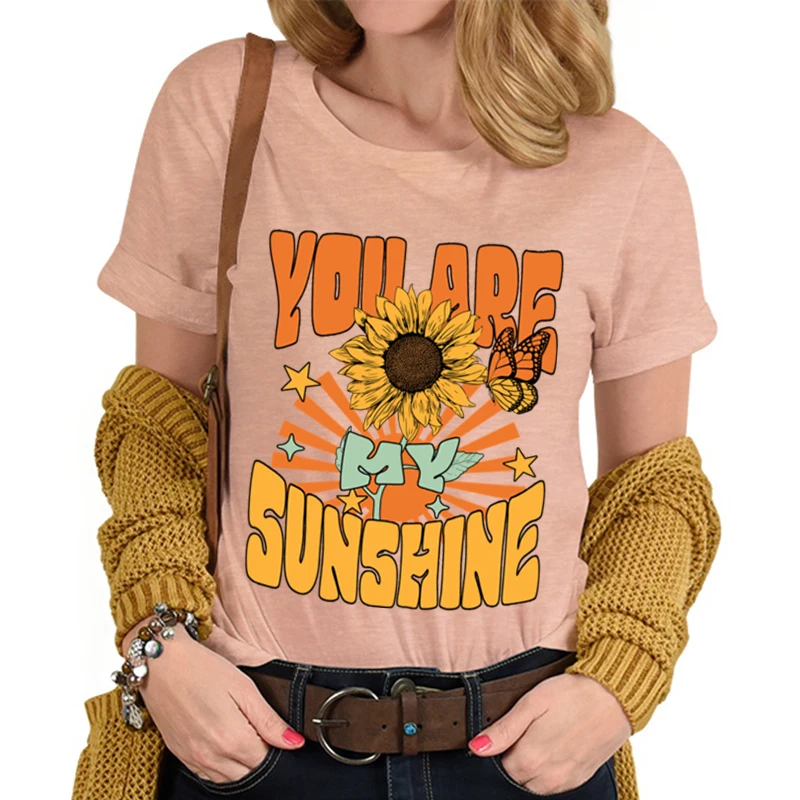 You Are My Sunshine Print Vintage Sunflower Butterfly Women T-shirts Round Neck Short Sleeve Tops Fall Style Loose Women Tshirt