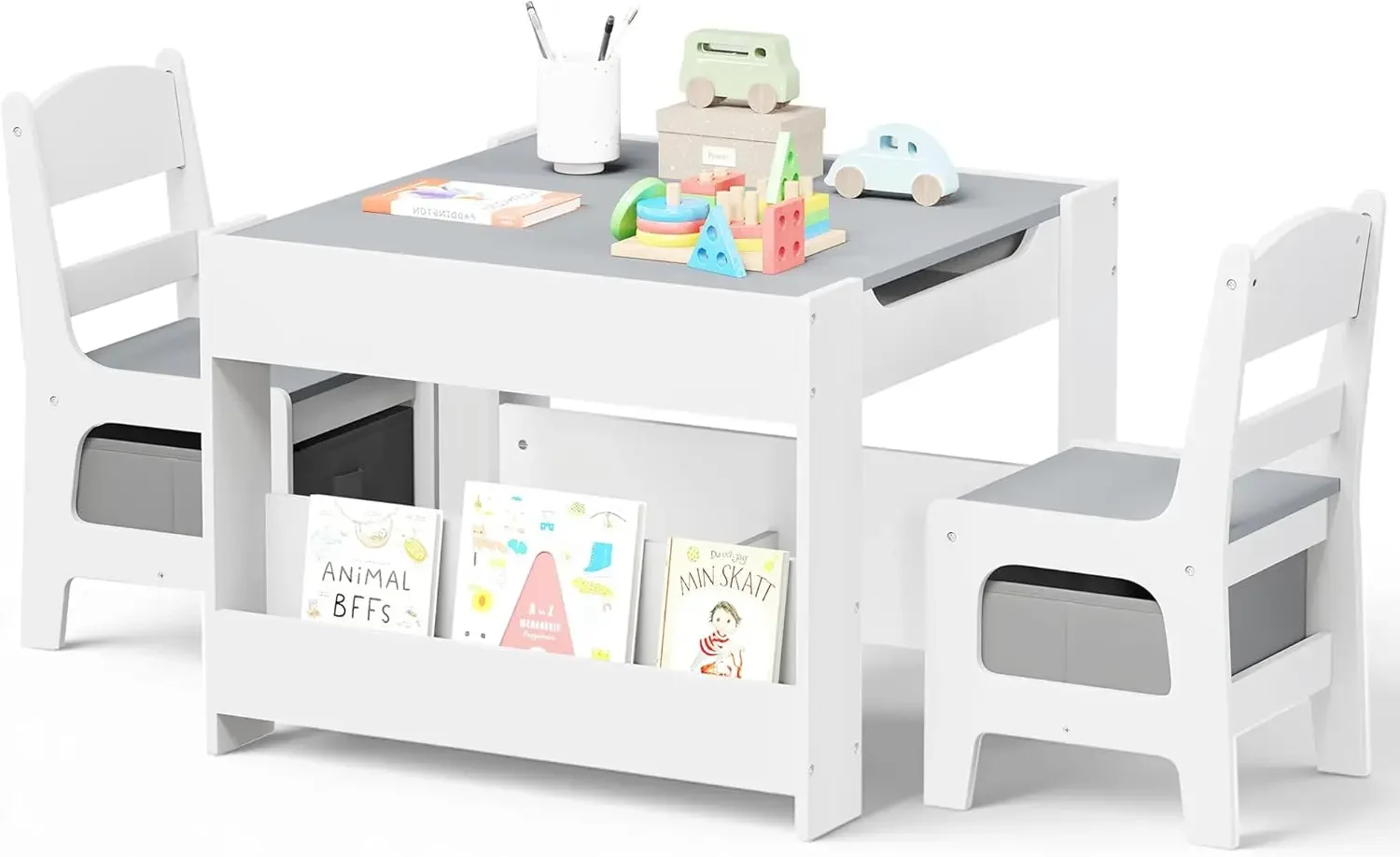 

Kids Wood Table & 2 Chairs Set, 4 in 1 Children Activity Table w/Double Bookcase, Blackboard, Toddler Furniture Set for Art, Cra