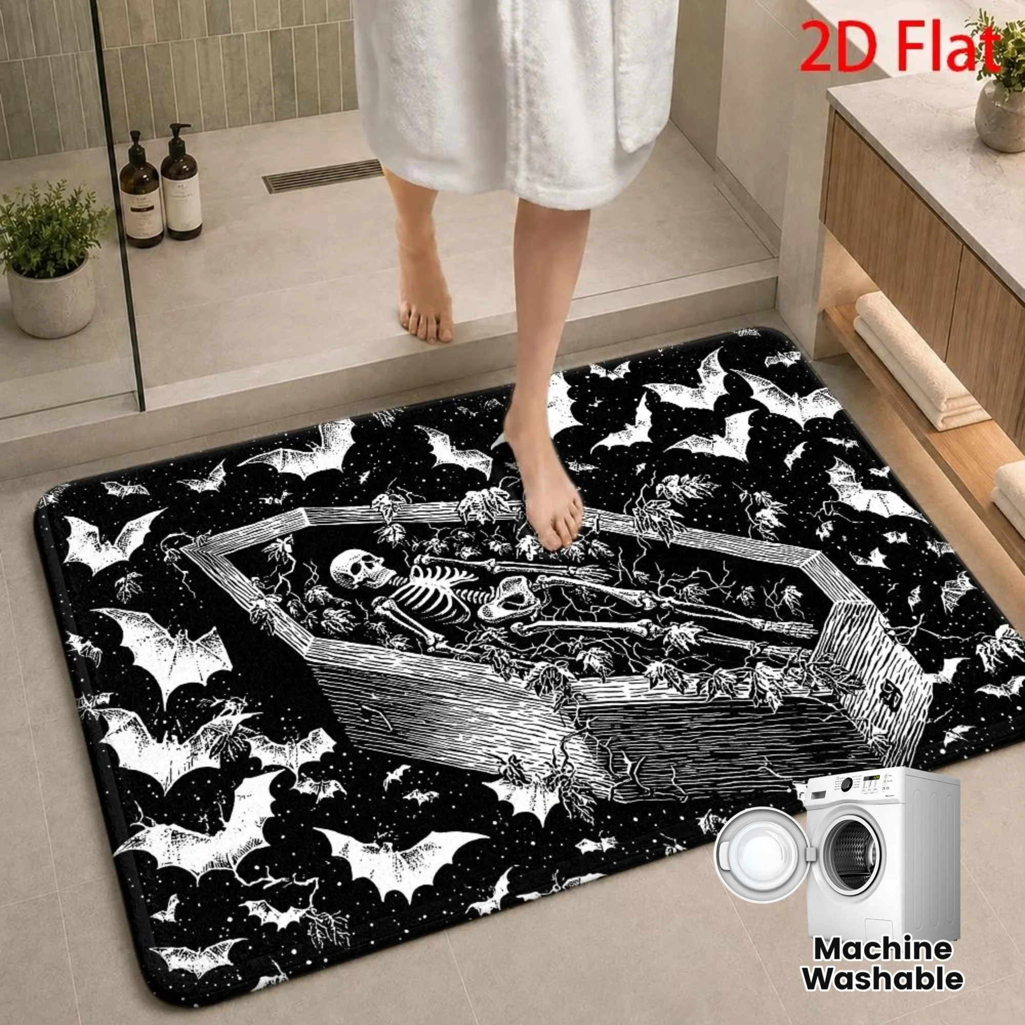 2D Flat Gothic Bat Coffin Skeleton Bath Area RugBlack‑white Halloween Horror‑style Floor Decor,Durable Machine Washable Ornament
