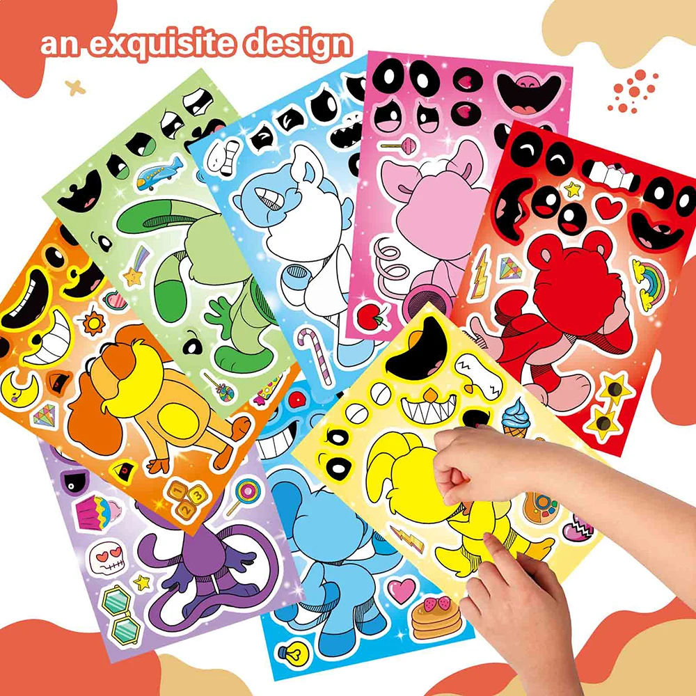 8/16Sheets Children DIY Smilling Critters Make a Face Puzzle Stickers Anime Character Jigsaw Assemble Kids Game Gift Party Favor