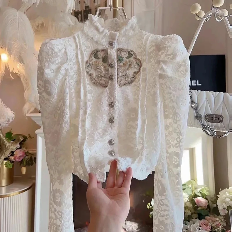 

Korean Jacquard Elegant Blouse Women Vintage Court Style Premium Shirt Long Sleeve White Lace Gentle Embroidered Top