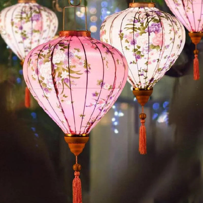 Vintage Silk Lanterns 12 inch Vietnam Japan Lantern Floral Pattern Lantern For New Year Spring Festival Party Home Decor
