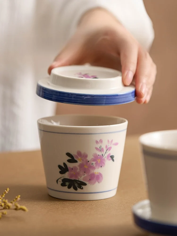 Taza de Cerámica Yoge con Diseño de Flor de Ciruelo, Alto Valor Estético, para el Hogar, Desayuno, Oficina, Estilo Chino, para Preparar Té, con Tapa de Doble Uso