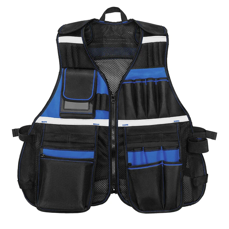 Tool Vest, Multi-Pocket Work Vest with Strips, Oxford Fabric Construction, Tool Bag Vest Black and Blue/Green