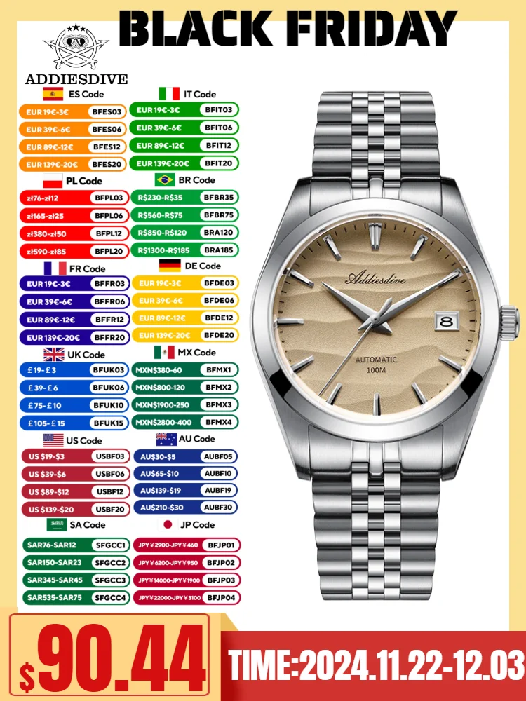 ADDIESDIVE Zegarek dla par Tekstura wydmach Pasek jubileuszowy Szkło szafirowe Stal 316L 100M Automatyczny zegarek mechaniczny do nurkowania