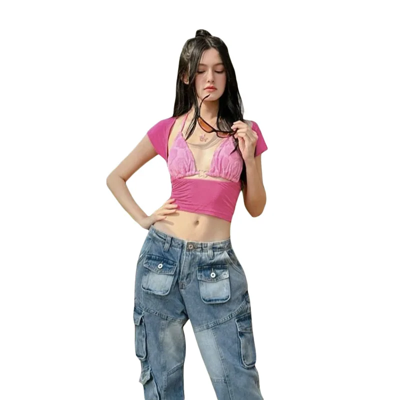 2025 nuevo estilo europeo y americano ropa de verano para mujer correas sin espalda chaleco pequeño cuello redondo Camiseta de manga corta hueca