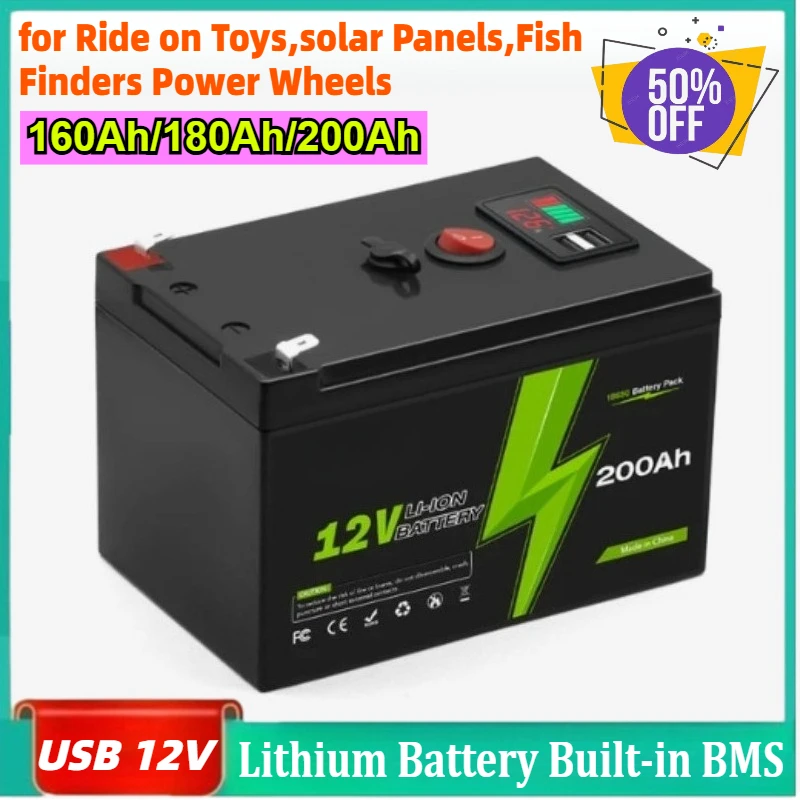 

LiFePO4 12V 200Ah Rechargeable Lithium Battery Built-in BMS for Ride on Toys,solar Panels,Fish Finders Power Wheels