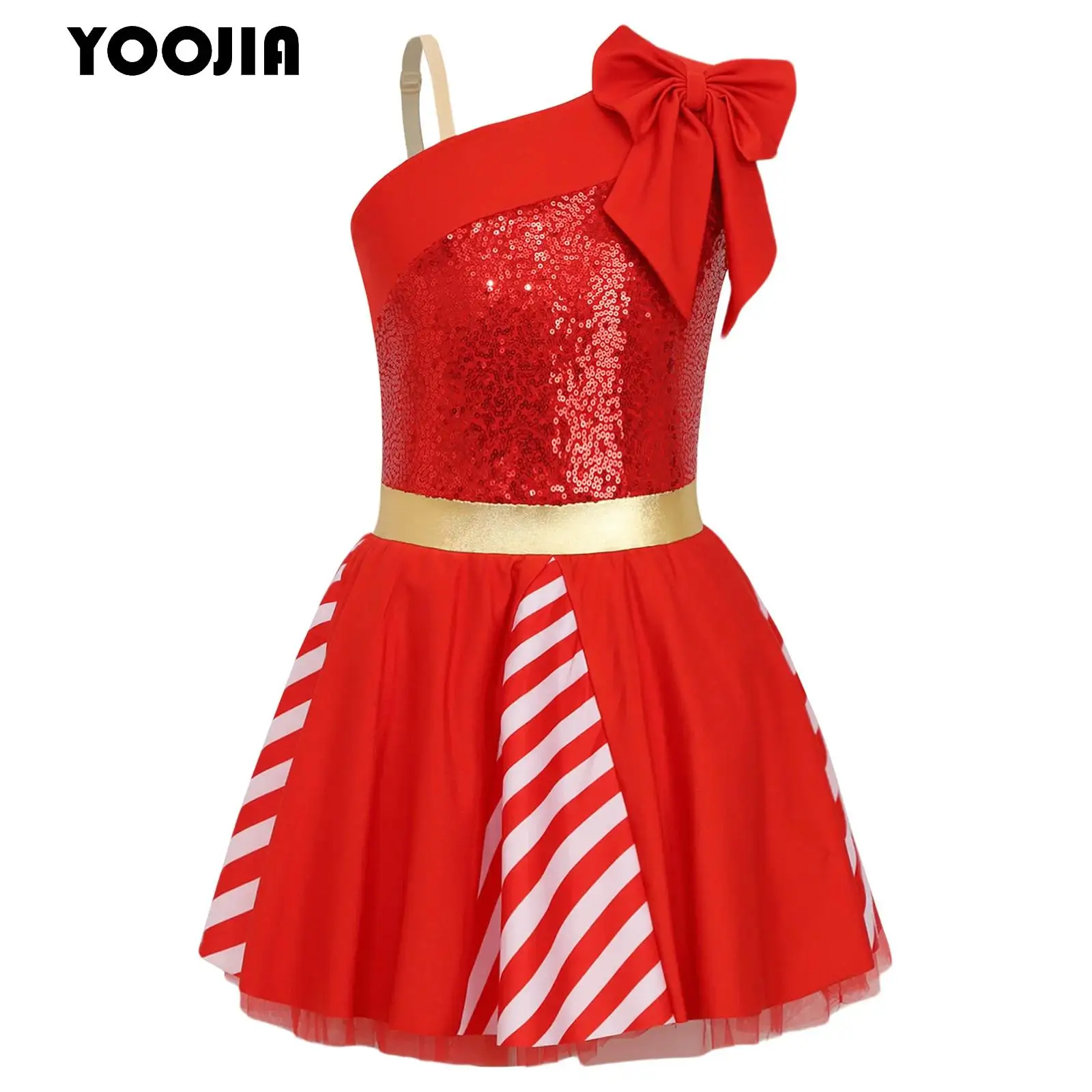 

Red Sequins Christmas Dance Costume for Kids Girls Sleeveless Candy Cane Striped Ballet Tutu Dance Dress Figure Skating Leotard