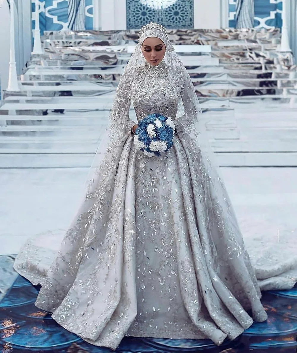 Dubai Wedding Dresses Bridal Gowns 2023 Luxury Saudi Arabic Lace A-line High Neck Muslim Sparkly Long Sleeves Sequin Dress