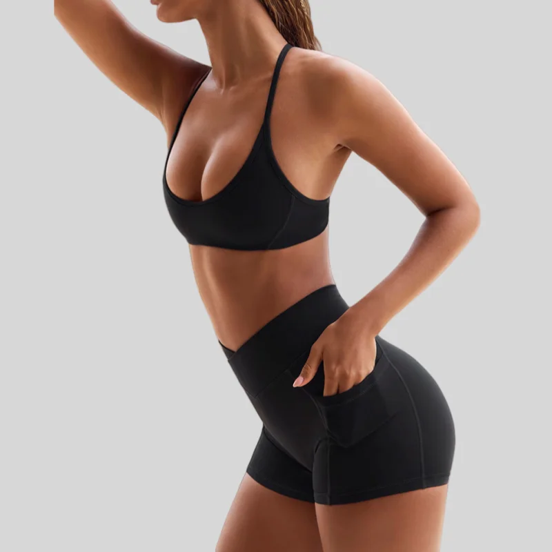 

Женский комплект для йоги, высокоэластичный спортивный бюстгальтер с лямкой на шее, красивый бюстгальтер на спине, шорты для фитнеса с перекрестной талией, спортивный комплект для йоги