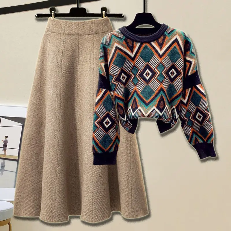 Women's Autumn/Winter Outfits 2023 New Lazy Style Retro Lingge Pullover Knitted Sweater High Waist Half Skirt Two Piece Suit