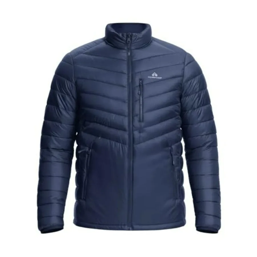 

Men's lightweight puffer jacket for camping and travel: quilted nylon, black, water-repellent and insulated with stand collar