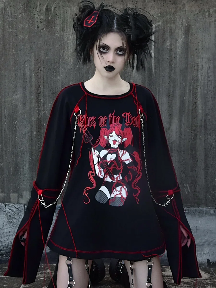 

Devil Anime Printed Loose Sweatshirt Bloody Red and Black Long Sleeve Pullover Gothic Punk Grunge Women Sweatshirts Spring Top