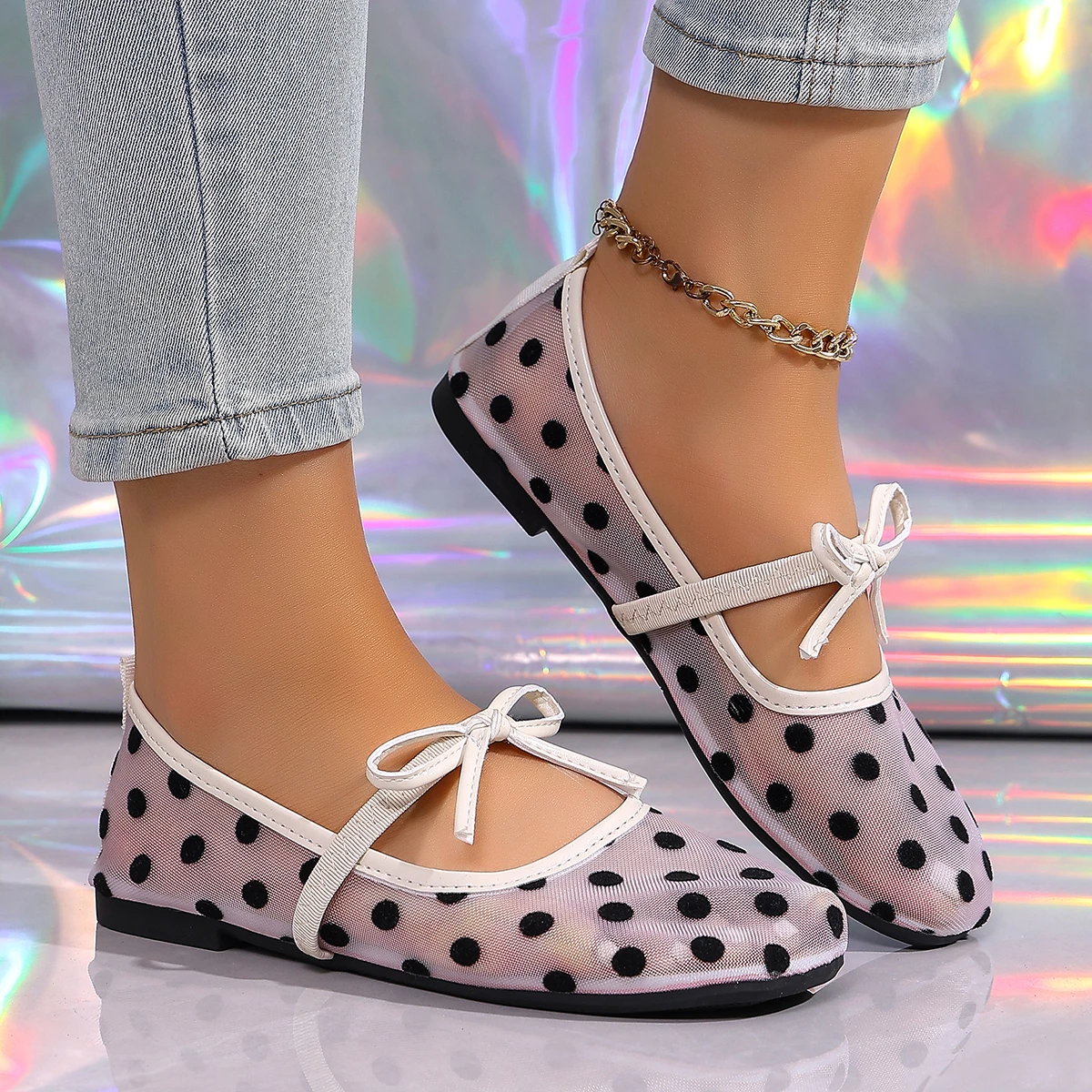 Casual Flat Bottom Mary Jane Shoes Women's Gentle Wind Dots Mesh Butterfly Knot Slip-On Shoes round Head One-Strap