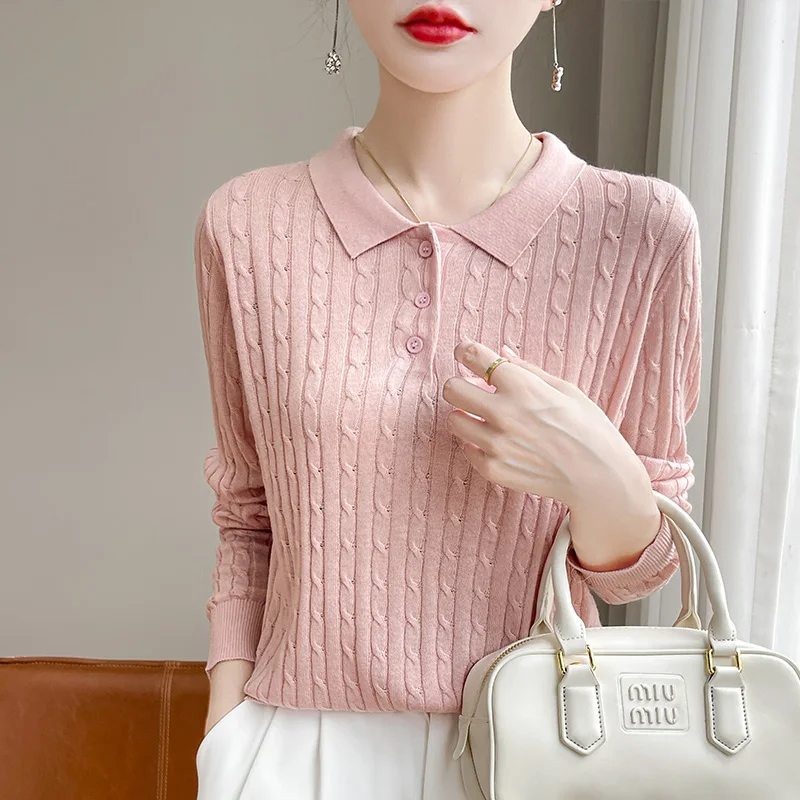 Women\'s sweater autumn/winter 100% pure wool pullover casual solid color knitted Tops Japanese/Korean loose POLO collar Blouse