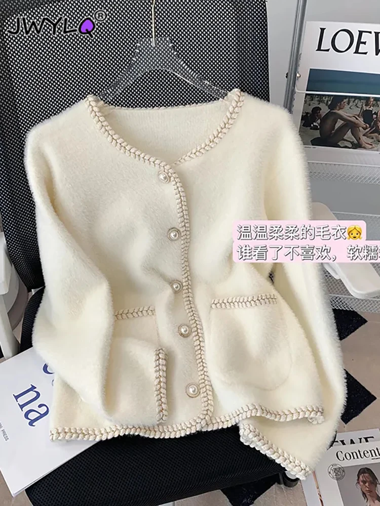 Elegant O-neck Single-breasted Pearl Buttons Pocket Knitted Sweater Korean Fashion Loose Hit Color Imitation Mink Velvet Sweater