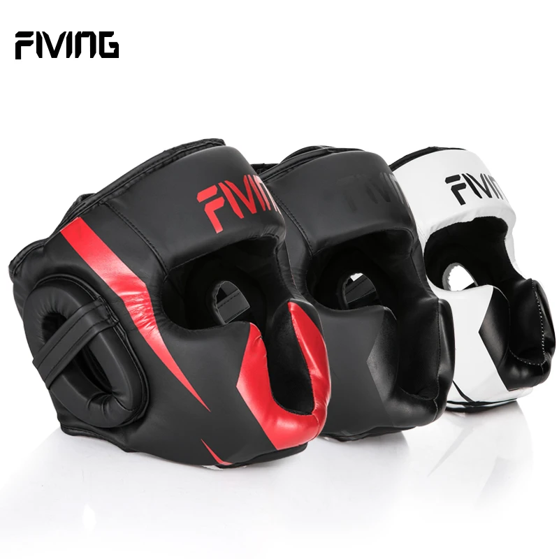 

FIVING Full-Covered Boxing Helmet Muay Thai PU Leather Training Sparring Boxing Headgear Gym Equipment Taekwondo Head Guard