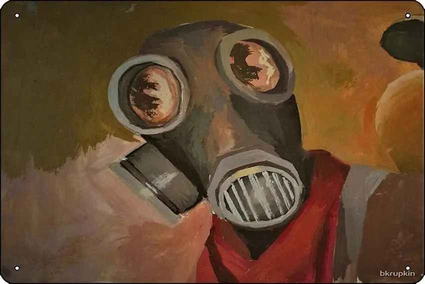 TF2 Pyro Art Print 8x12 дюймов Забавная металлическая жестяная вывеска Игровая комната Человек Пещера Настенный декор