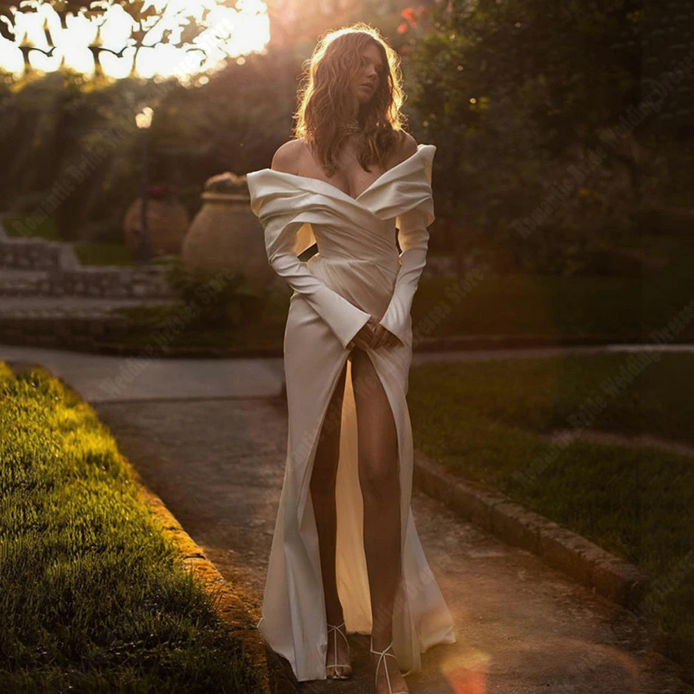 Vestidos de novia con cuello en V para mujer, hombros descubiertos, vestidos de novia de sirena de princesa, tenedor alto, vestido de fiesta Formal femenino