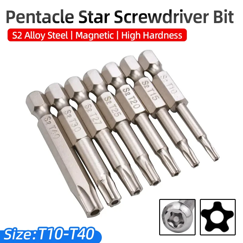Pentacle Star Screwdriver Bits Set 1/4 Hex Shank Five-Point Torx Screw Driver Bit S2 Steel Magnetic T10-T40 50mm For Power Tools