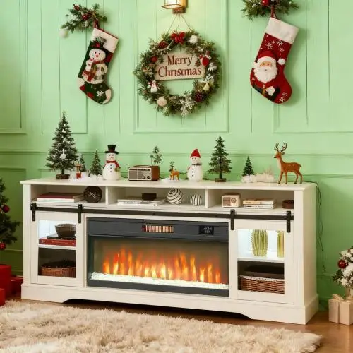 

!@Mid-Century Modern TV Console with Electric Fireplace Open Storage Side Cabinets Glass MDF for Bedroom Home Use