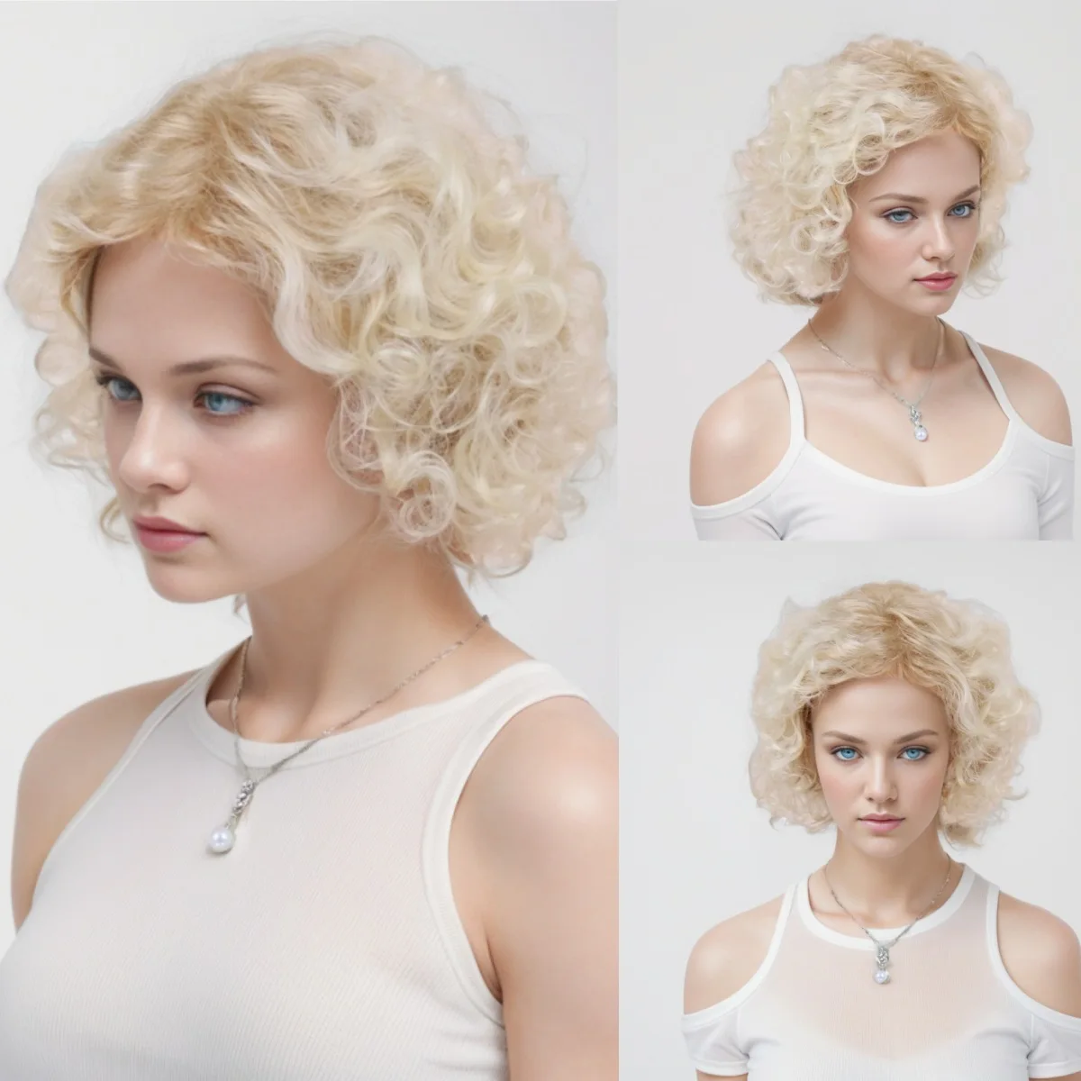 European and American women's synthetic fashion short curly hair, ombre gold small curl wig, white wig with rose net
