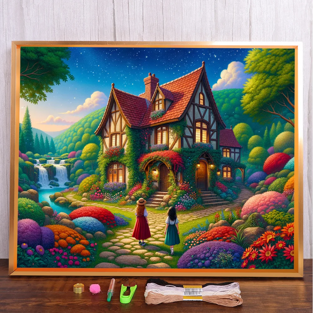 Landscape Countryside Villa Printed Cross Stitch DIY Embroidery Set Craft Handiwork Hobby Needlework For Adults Design Needle