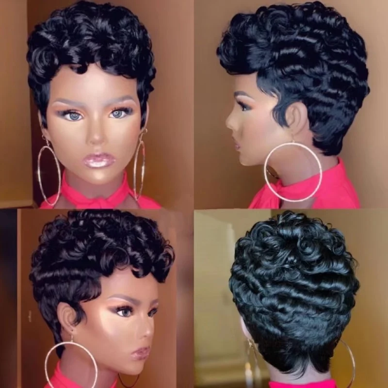 Black Short Curly Cute Hair Synthetic Cheap Styles Finger Waves Elegant Charming Wig For Summer Pretty Designs For Women