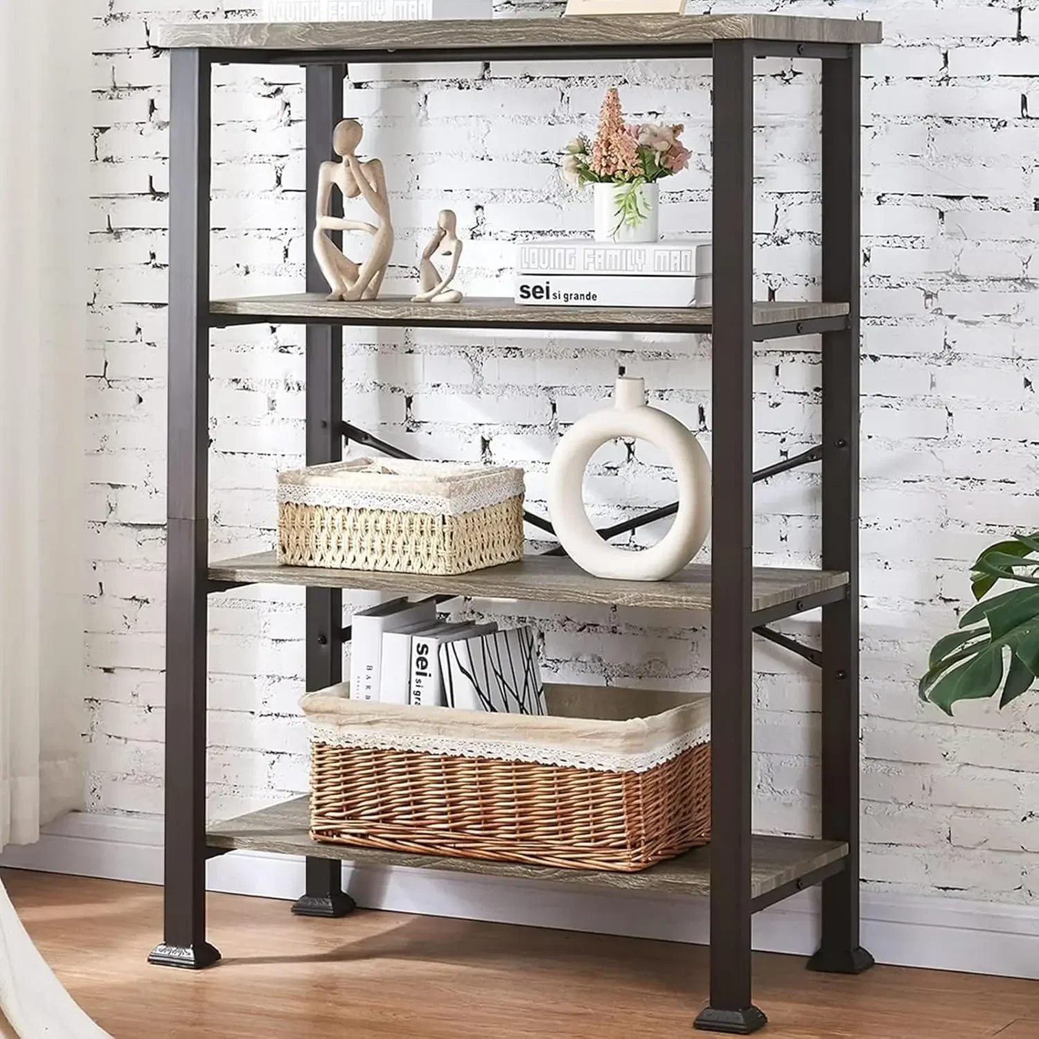 

4-Tier Bookshelf, Rustic Grey Bookshelf with Metal Frame and Open Shelves, Office Bookshelf for Small Spaces, Industrial